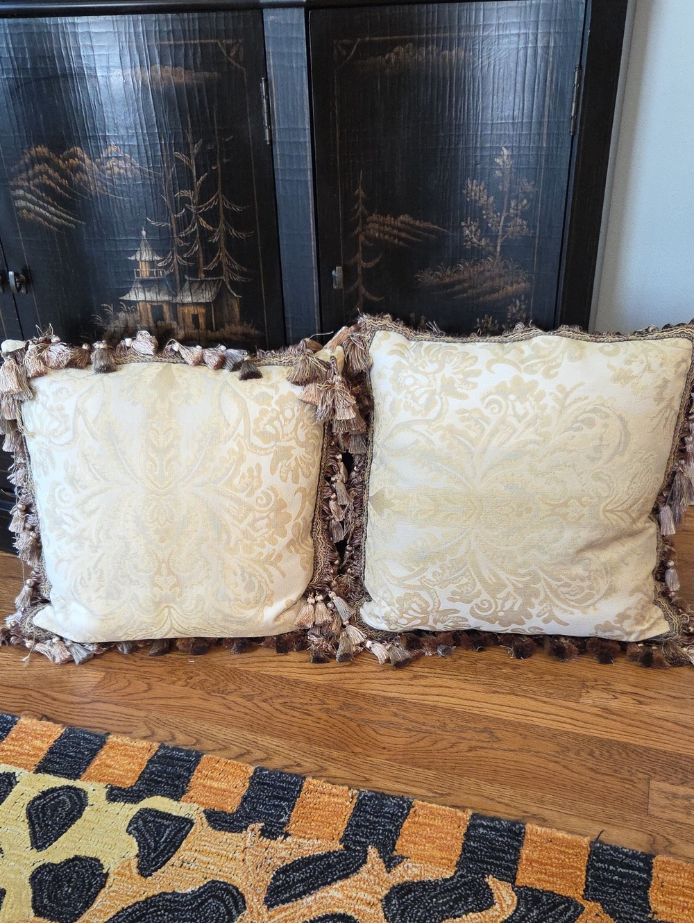 Decorative Cream Damask Accent Pillow with Tassel Trim